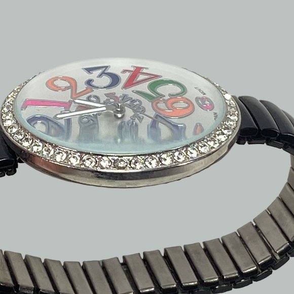 Geneva Platinum Womens Stretch Black Band Round Rhinestone Face Colorful Numbers - Picture 8 of 8